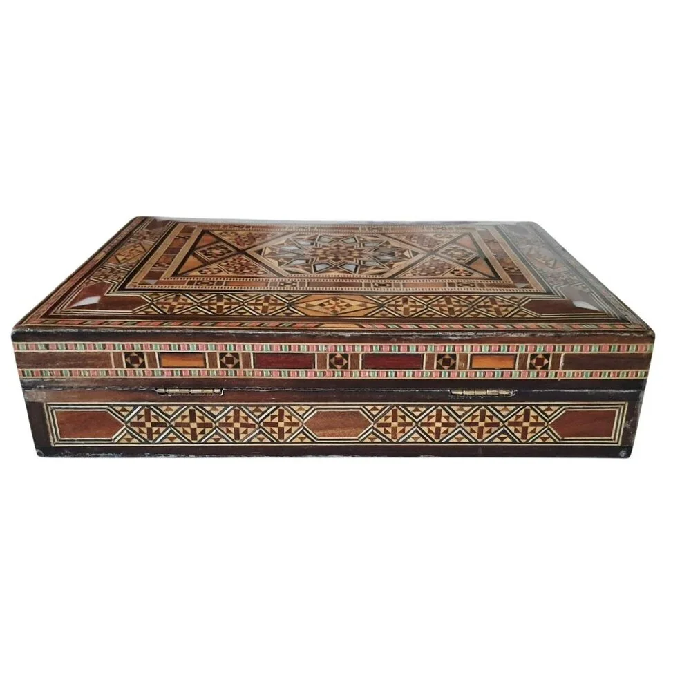 Vintage Handcrafted Wooden Inlaid Jewelry Box Mosaic Design Red Velvet Interior